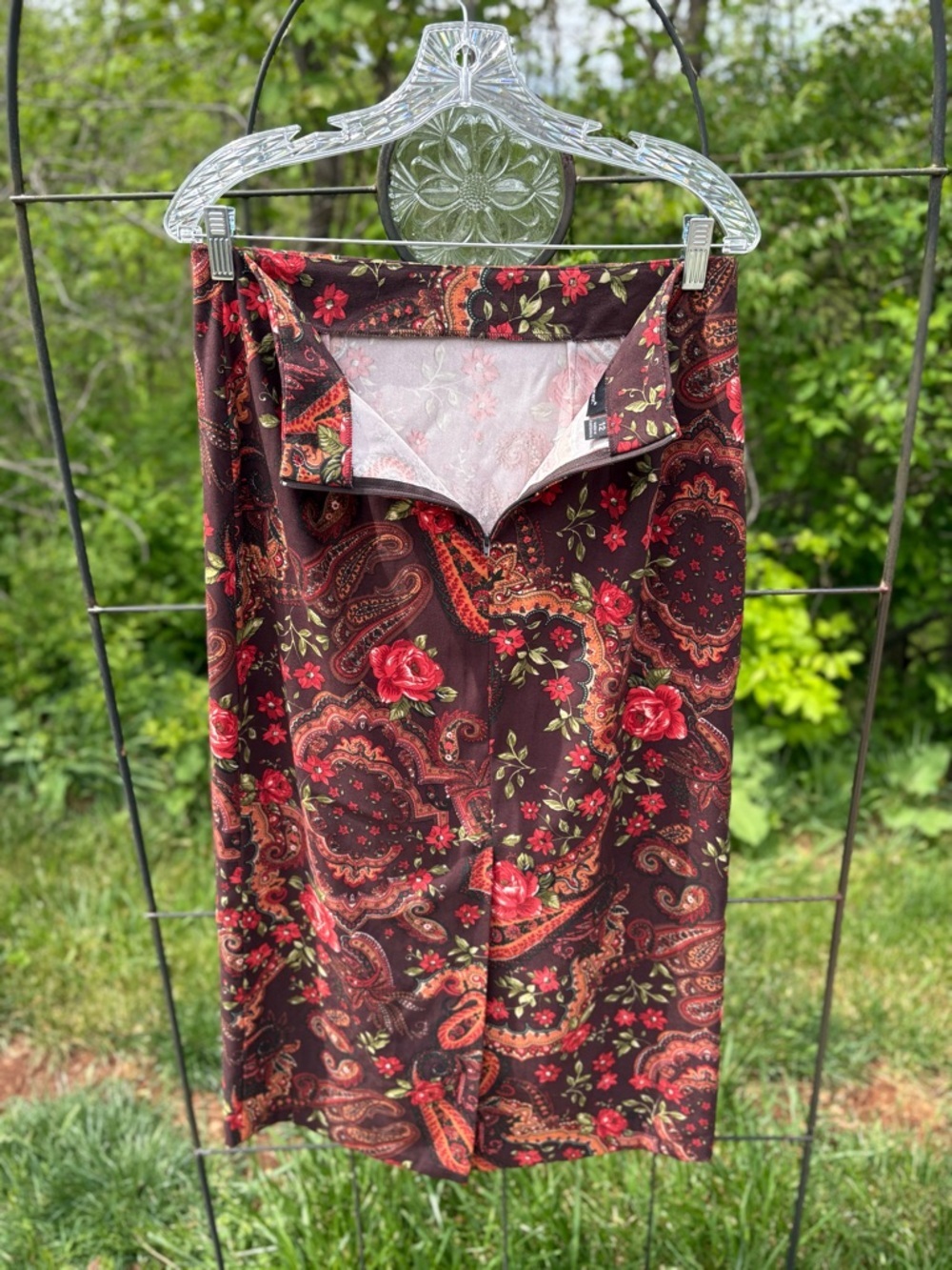 Vintage Briggs New York Brown Midi Skirt Red Floral Print Paisley Women Size 12 - Picture 10 of 14
